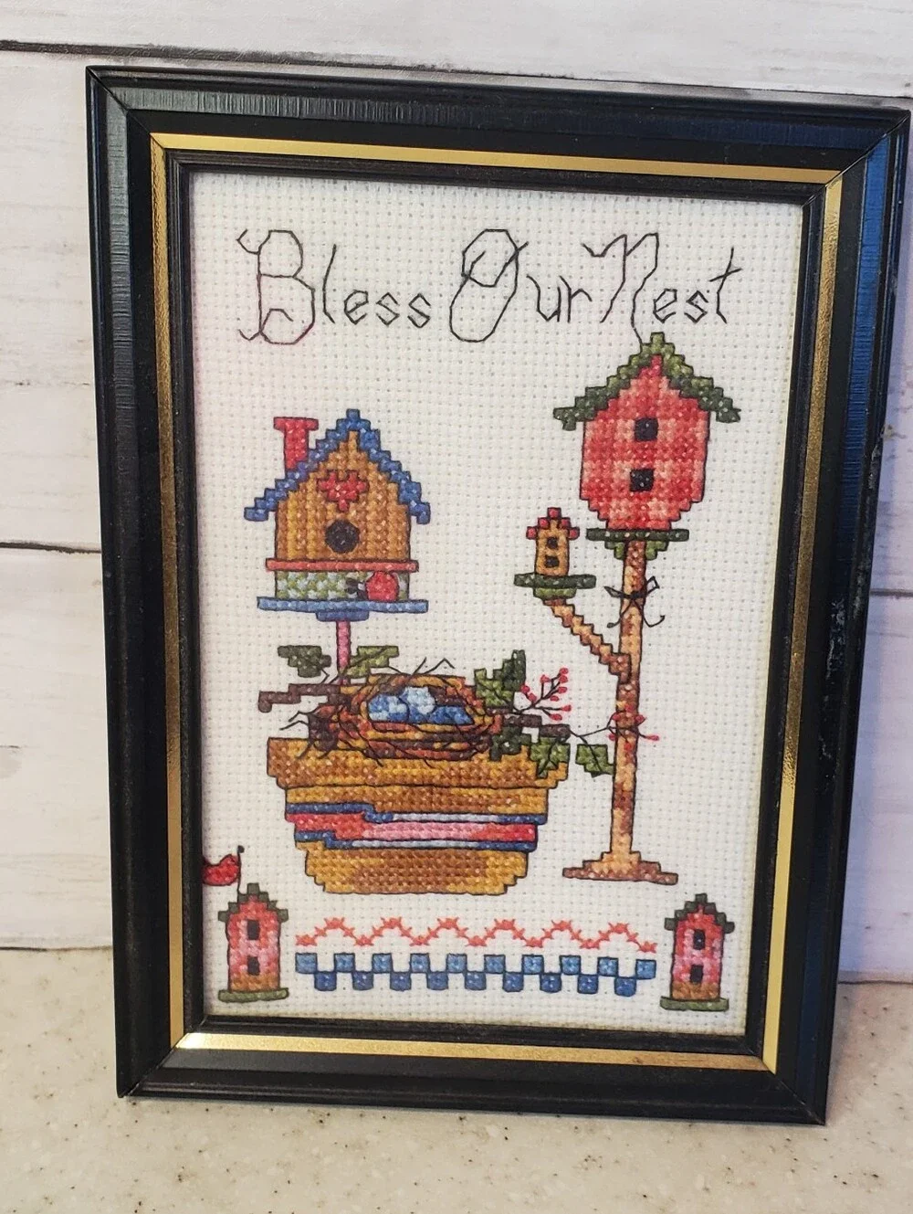 Vintage Handmade Cross Stitch Framed Bless Our Nest Birdhouse Needlepoint Cottag